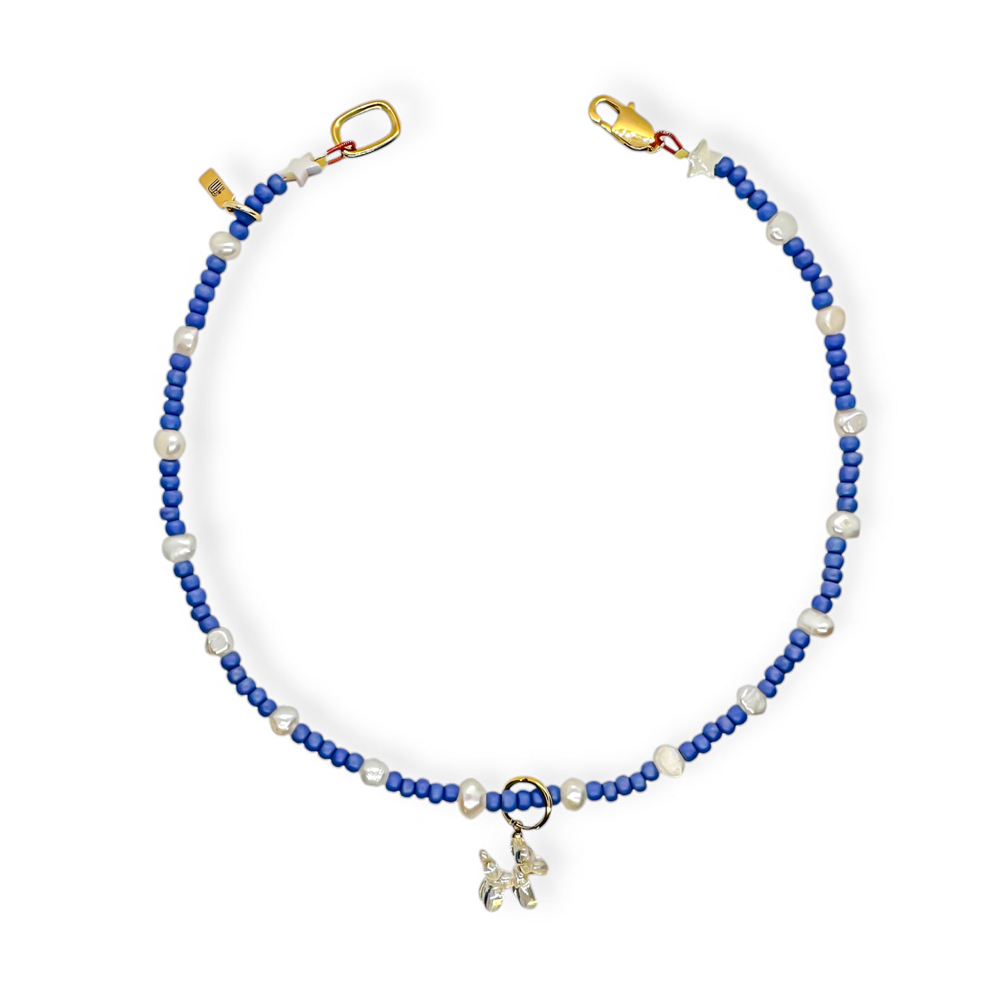 Denim pup met parels ketting