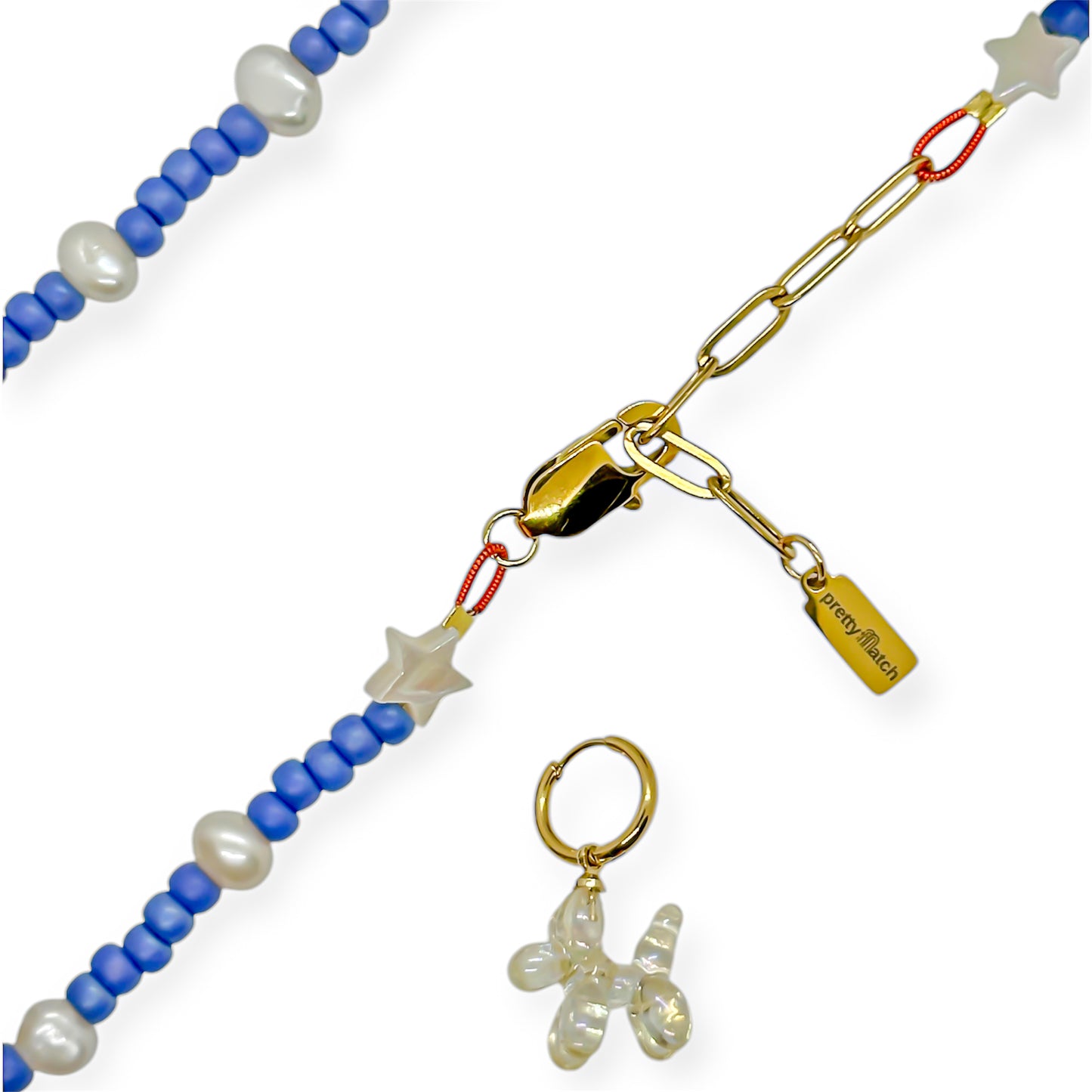 Denim pup met parels ketting