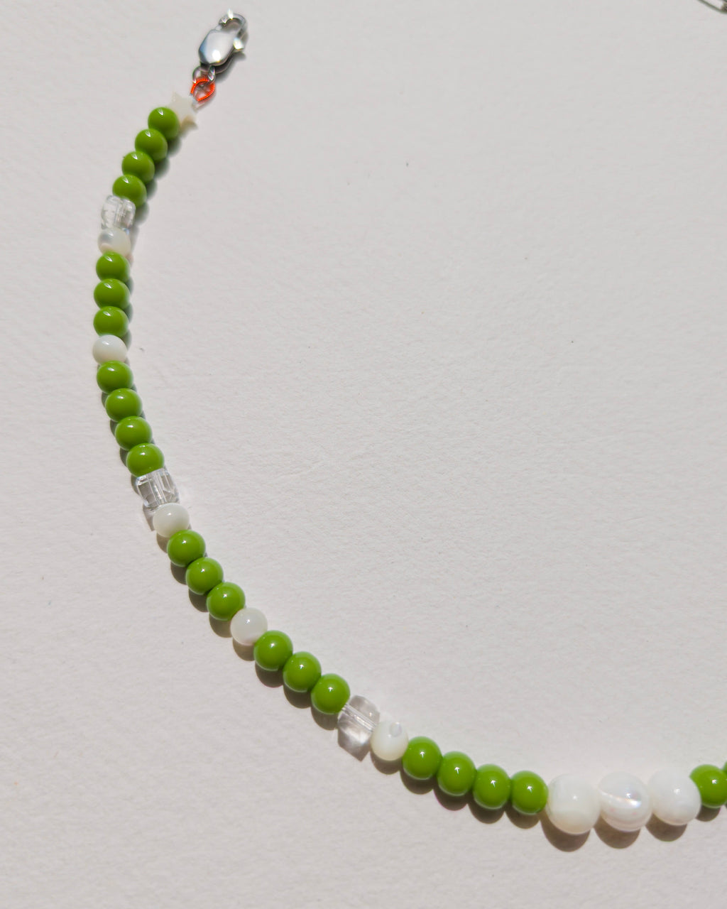 handmade beaded necklace Daily Matcha, green glass beads mother-of-pearl clear faceted cubes stainless steel, Pretty Match Amsterdam