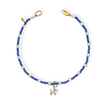 Denim pup met parels ketting