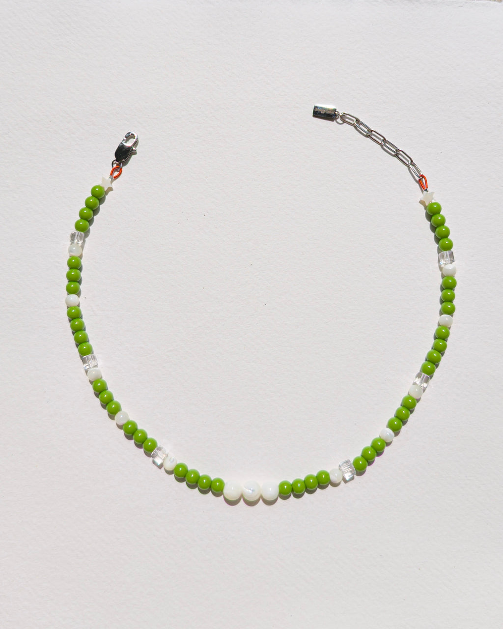 handmade beaded necklace Daily Matcha, green glass beads mother-of-pearl clear faceted cubes stainless steel, Pretty Match Amsterdam