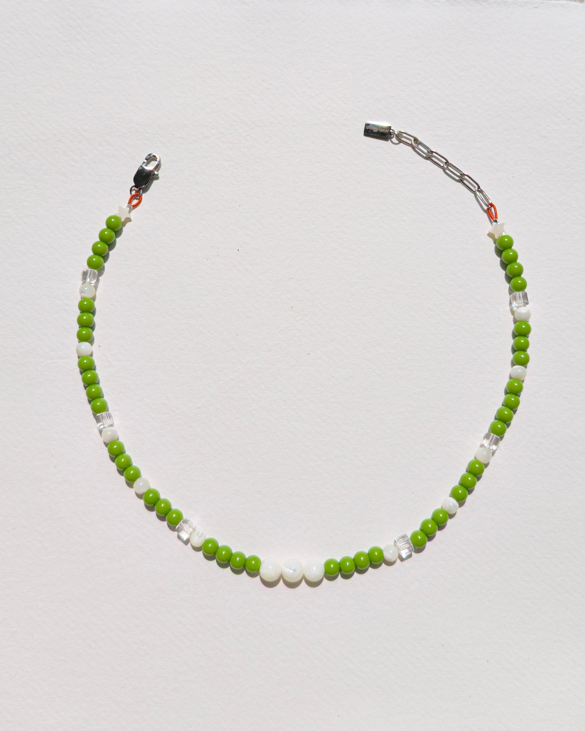 handmade beaded necklace Daily Matcha, green glass beads mother-of-pearl clear faceted cubes stainless steel, Pretty Match Amsterdam