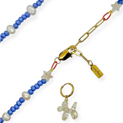 Denim pup met parels ketting
