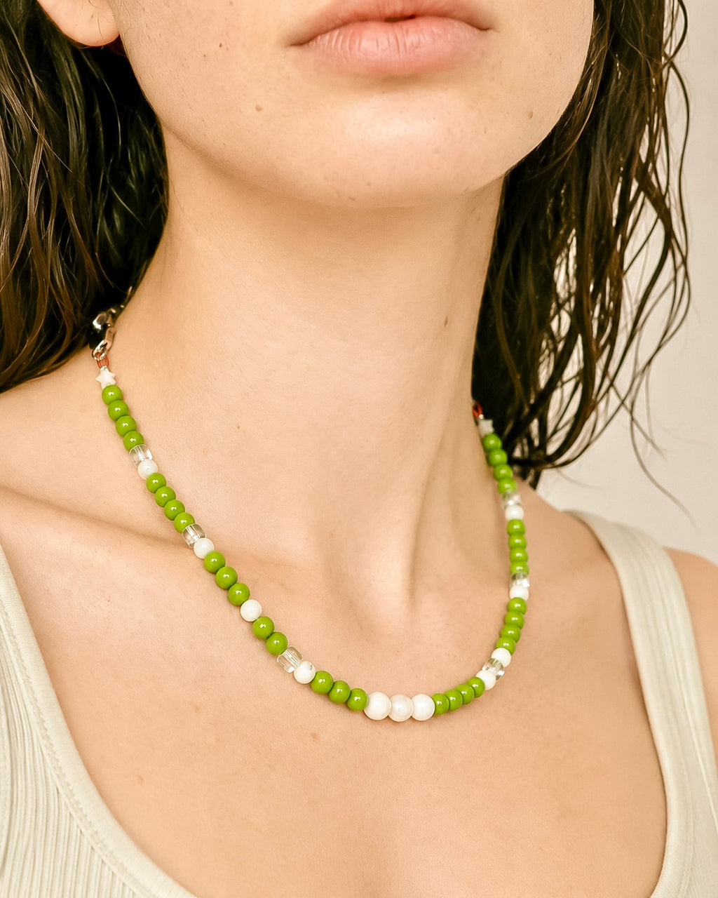 handmade beaded necklace Daily Matcha, green glass beads mother-of-pearl clear faceted cubes stainless steel, Pretty Match Amsterdam