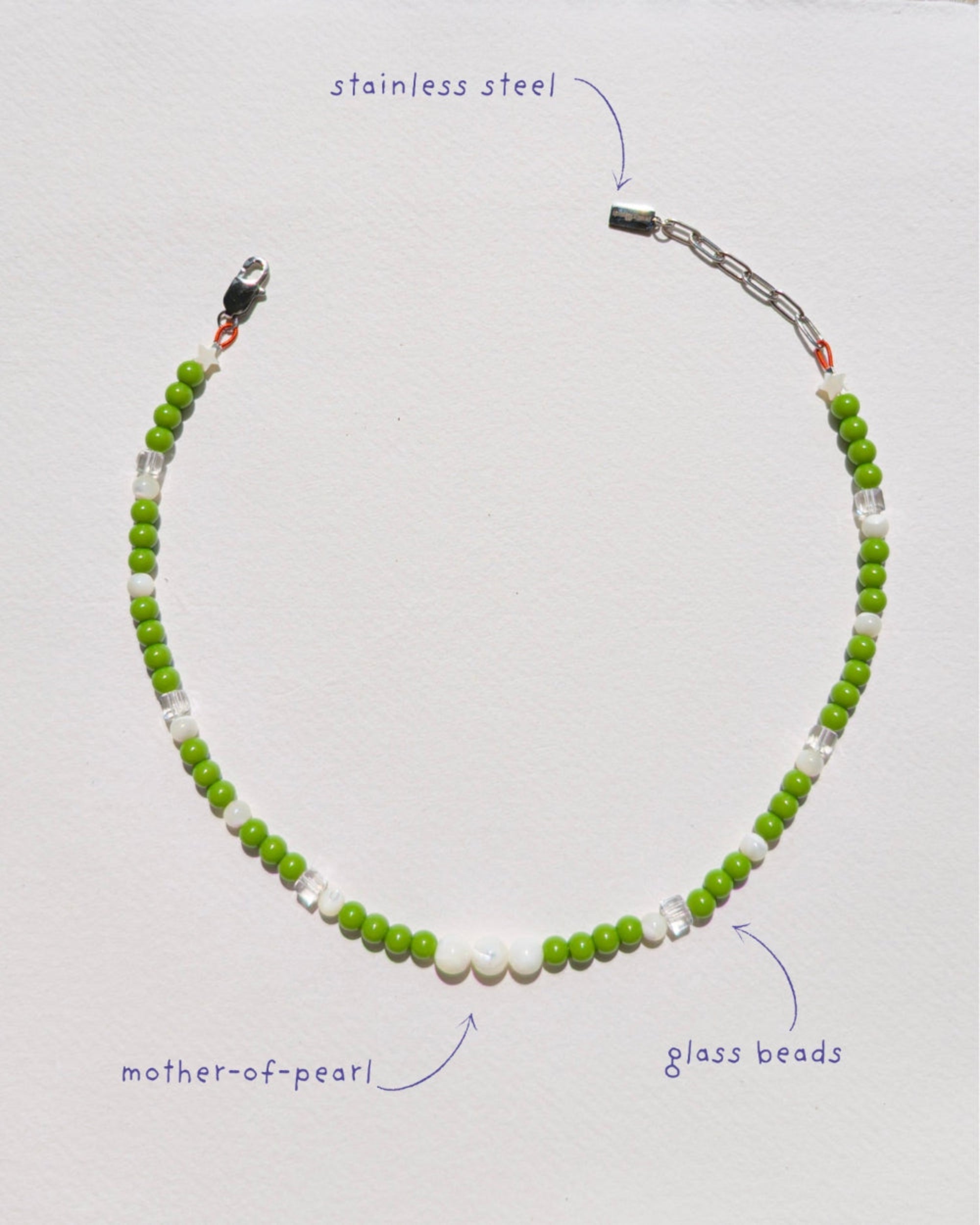 handmade beaded necklace Daily Matcha, green glass beads mother-of-pearl clear faceted cubes stainless steel, Pretty Match Amsterdam