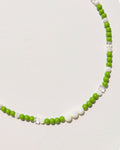 handmade beaded necklace Daily Matcha, green glass beads mother-of-pearl clear faceted cubes stainless steel, Pretty Match Amsterdam
